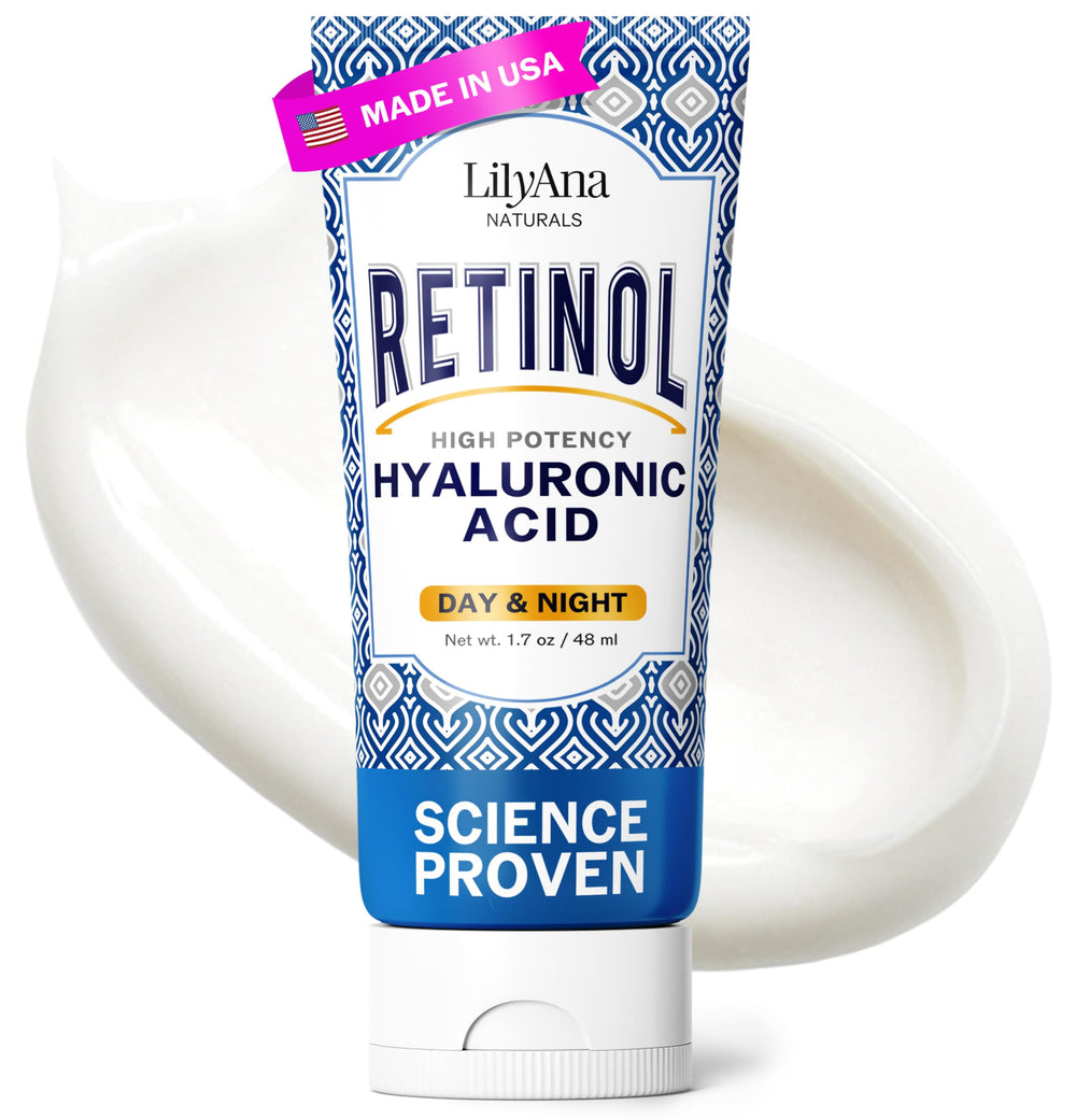 LilyAna Naturals retinol face cream tube close-up for smoother-looking skin.
