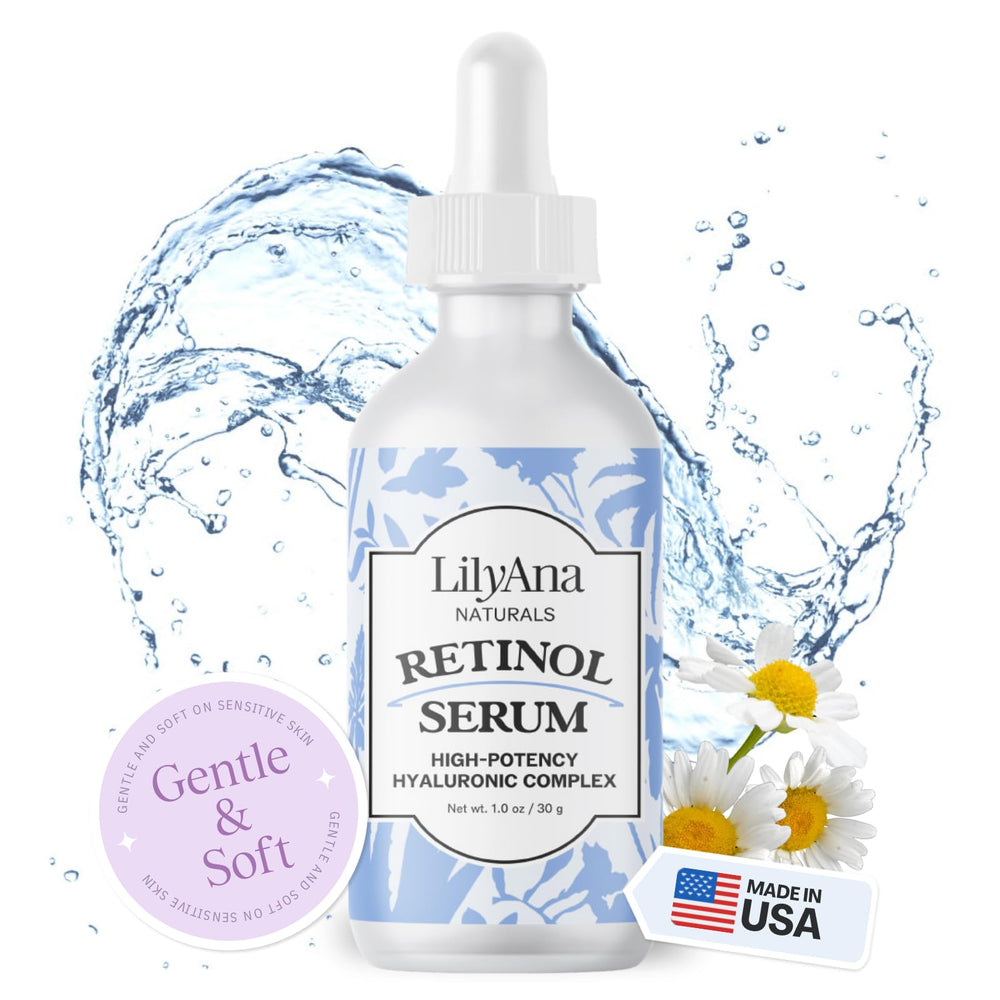 LilyAna Naturals Retinol Serum bottle closeup for smoother, more even-toned skin