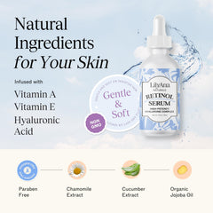 LilyAna Naturals Retinol Serum label closeup signals a gentle, clean formula for sensitive skin