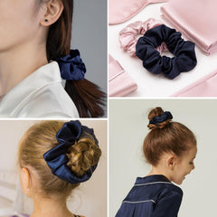 LilySilk navy silk scrunchie close-up highlights soft, breathable fabric and gentle grip