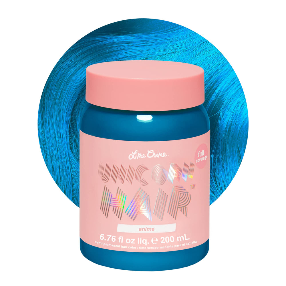 Lime Crime Unicorn Hair Dye Anime Candy Blue pour shows vibrant color for at-home DIY color experiments