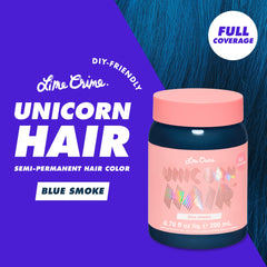 Lime Crime Unicorn Hair Dye Blue Smoke swatches reveal saturated steel blue hue for planning
