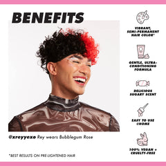Lime Crime Unicorn Hair Dye Bubblegum Rose hair before-after displaying vibrant rosy pink.
