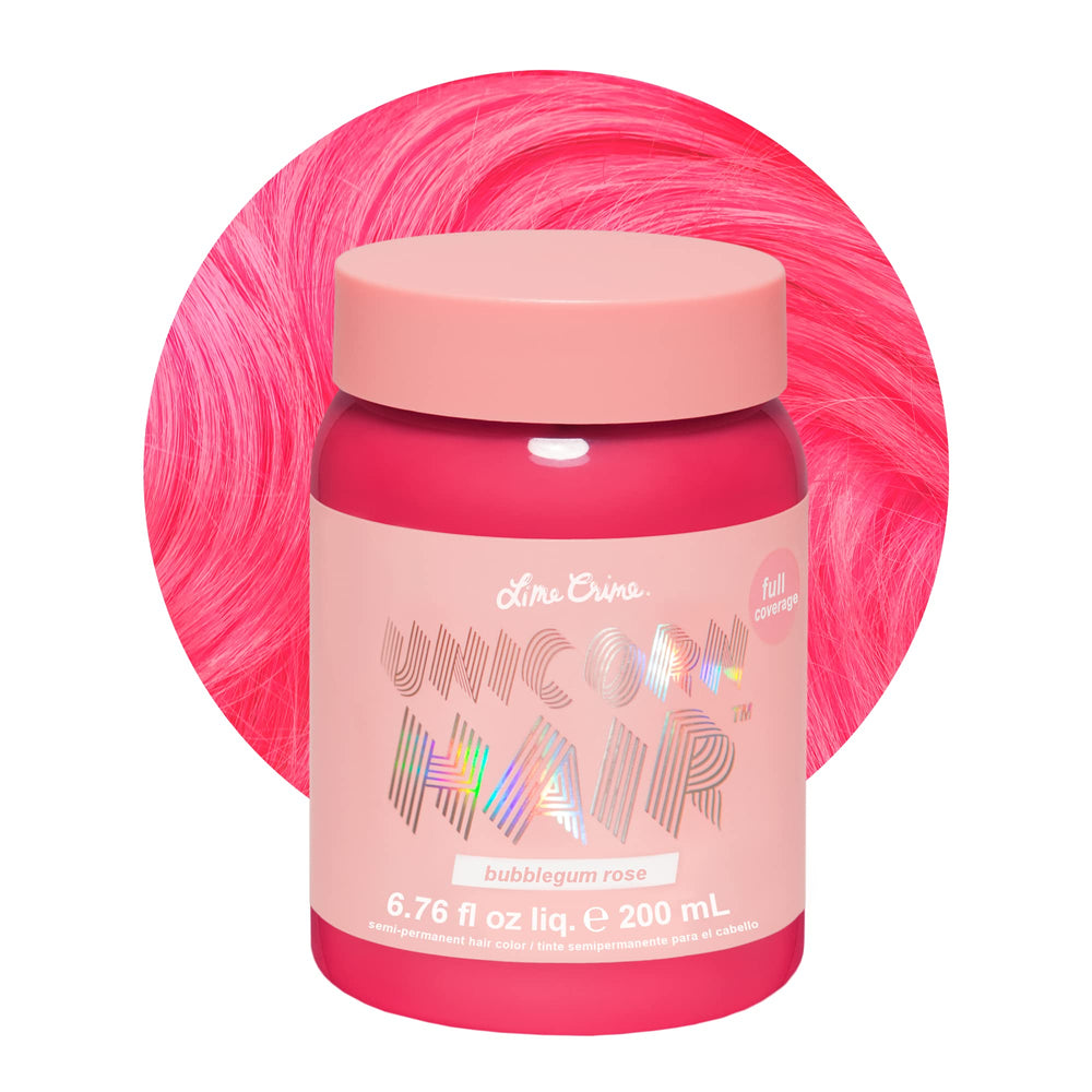 Lime Crime Unicorn Hair Dye Bubblegum Rose packaging shows vegan formula and damage-free color option.