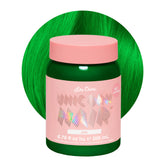 Lime Crime Unicorn Hair Dye Jello bottle shows tropical green for vibrant color