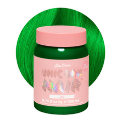 Lime Crime Unicorn Hair Dye Jello bottle shows tropical green for vibrant color