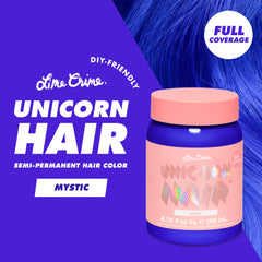 Lime Crime Unicorn Hair Dye Mystic before and after shows dramatic color transformation.