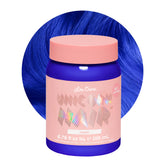 Lime Crime Unicorn Hair Dye Mystic electric blue bottle shows vegan semi-permanent color with conditioning benefits.