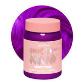 Lime Crime Unicorn Hair Dye Pony bottle showing vibrant violet-purple color for bold looks.