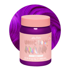 Lime Crime Unicorn Hair Dye Pony bottle showing vibrant violet-purple color for bold looks.