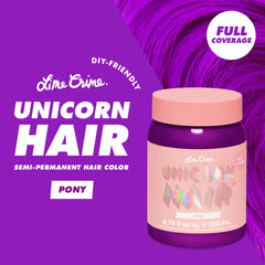 Lime Crime Unicorn Hair Dye Pony swatch reveals vibrant violet-purple on hair.