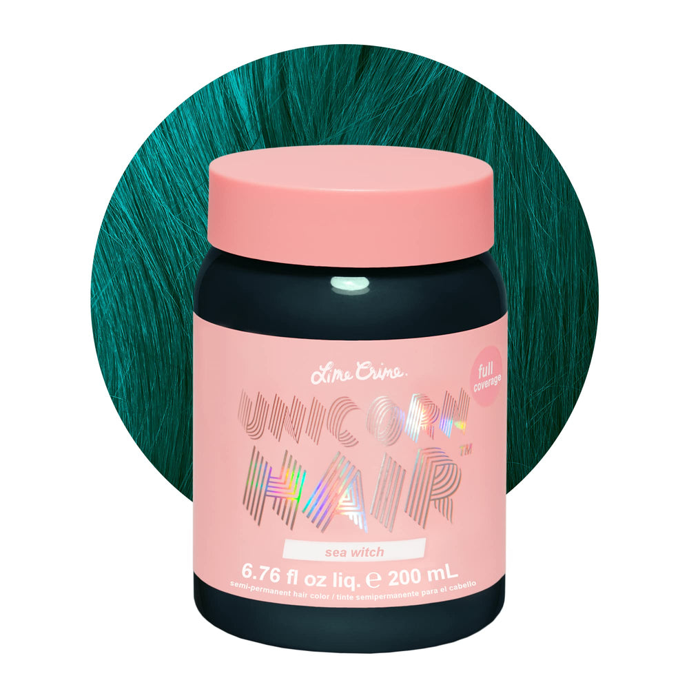 Lime Crime Unicorn Hair Dye Sea Witch bottle shows vibrant teal color option and vegan formula