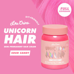 Lime Crime Unicorn Hair Dye Sour Candy swatches show bold pink shade possibilities.