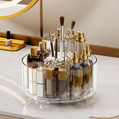 LINFIDITE 360 rotating makeup organizer enables quick access to cosmetics on a cluttered vanity.