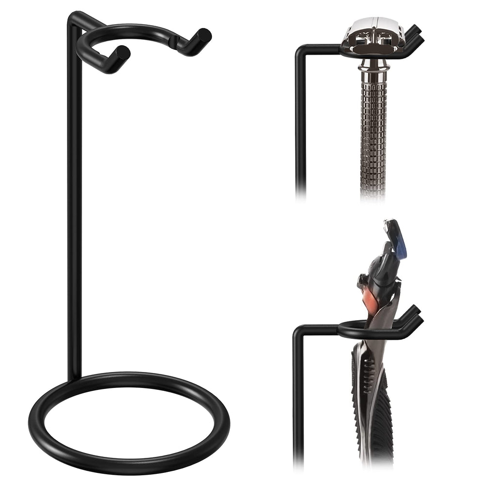 Linkidea stainless steel safety razor stand in black, front view, organized daily shaving storage
