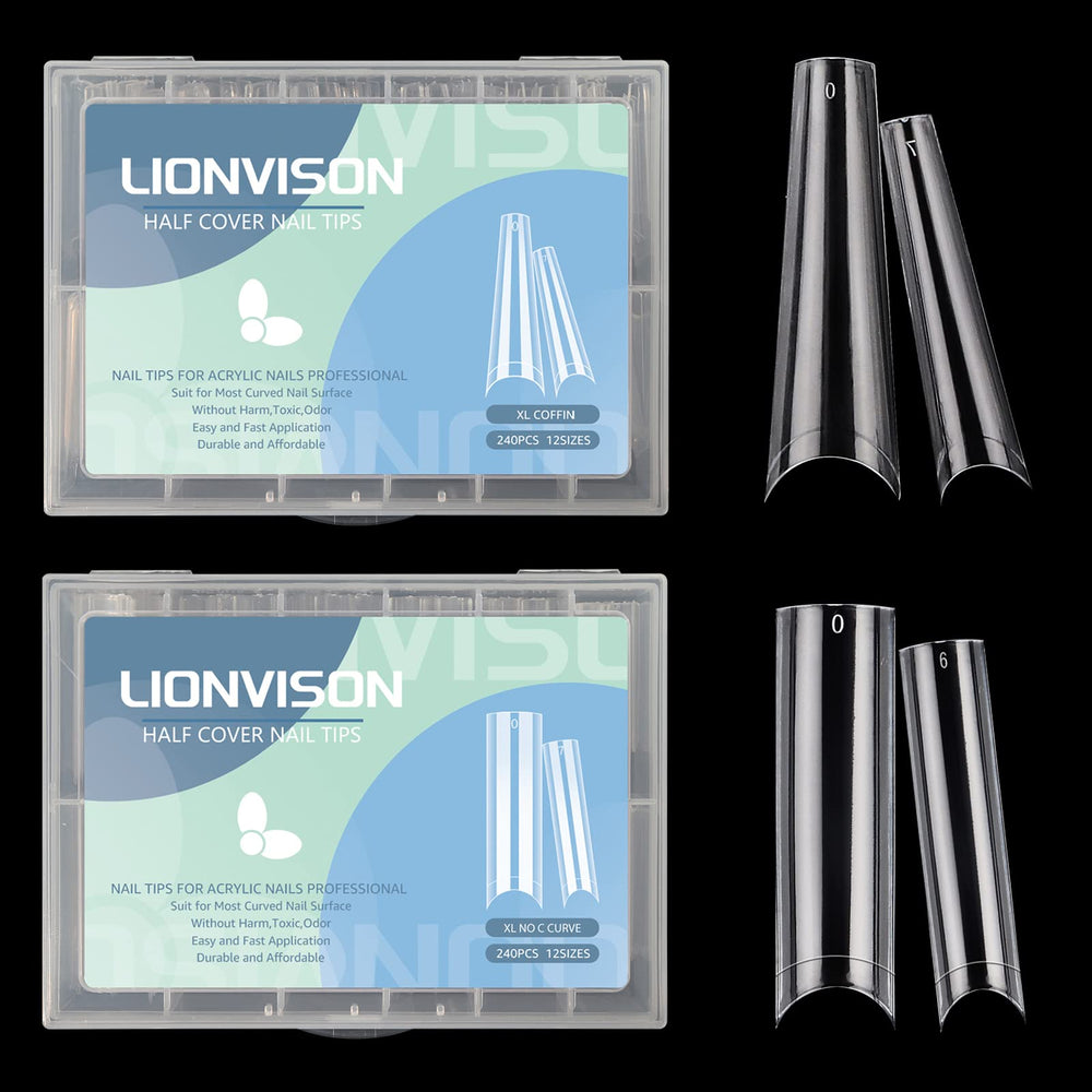 LIONVISION XL long clear nail tips in box front, ideal for quick salon prep.
