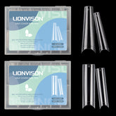 LIONVISION XL long clear nail tips in box front, ideal for quick salon prep.