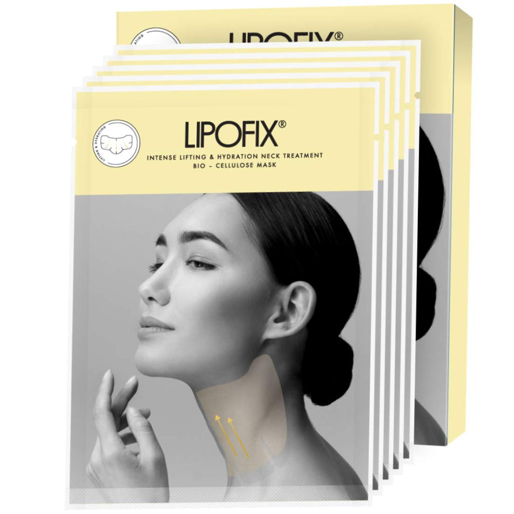 Lipofix Neck Lifting Bio-Cellulose Mask pack demonstrates premium packaging for firming routines.