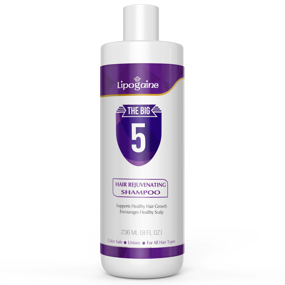 Lipogaine Big 5 shampoo bottle shows premium formula for healthier hair.