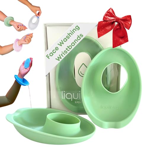 LiquiBands wristband on wrist in sage green prevents water drips during skincare.