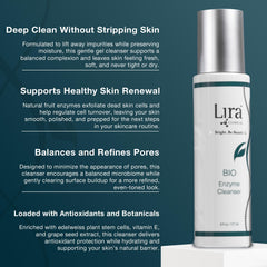 Lira Clinical BIO Enzyme Cleanser close-up shows skin freshness and balanced texture.