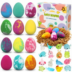 Lisotera dinosaur egg bath bombs with toy inside brighten bath time.