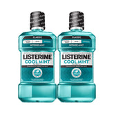 Listerine front packaging showing two 1L bottles and bold mint branding for freshness