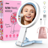 LitBear travel mirror with lights illuminating on-the-go makeup prep.