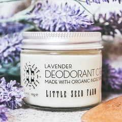 Little Seed Farm Lavender Deodorant Cream wooden scoop image shows mess-free serving for convenience.
