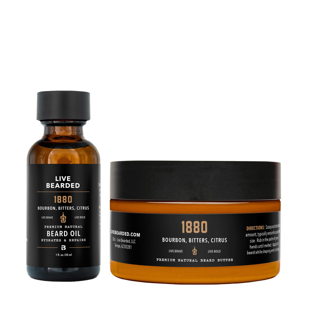 Live Bearded 1880 oil bottle pour nourishes beard with bourbon scent