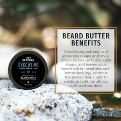 Live Bearded Beard Butter 3oz packaging highlights compact USA-made product.