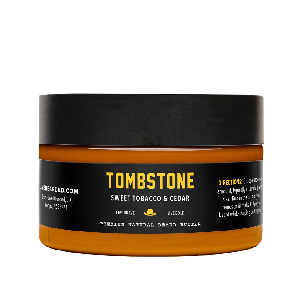 Live Bearded beard butter Tombstone scent closeup highlights natural ingredients for healthy beard