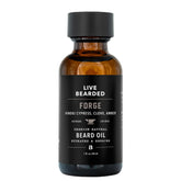 Live Bearded Forge Scent beard oil bottle shows Hinoki Cypress aroma for daily hydration