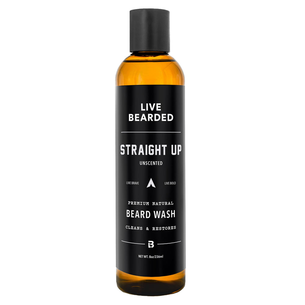 Live Bearded Beard Wash 8oz bottle front demonstrates fragrance-free cleansing for daily beard care
