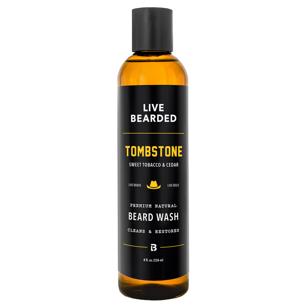 Live Bearded beard wash 8oz bottle showing Tombstone scent for daily cleansing.