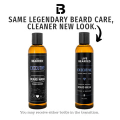 Live Bearded beard wash label closeup highlights natural ingredients and Cedar-Vanilla scent.
