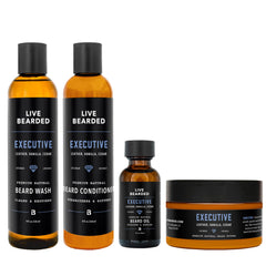 Live Bearded complete beard grooming kit wash image demonstrates cleansing for a clean, manageable beard.