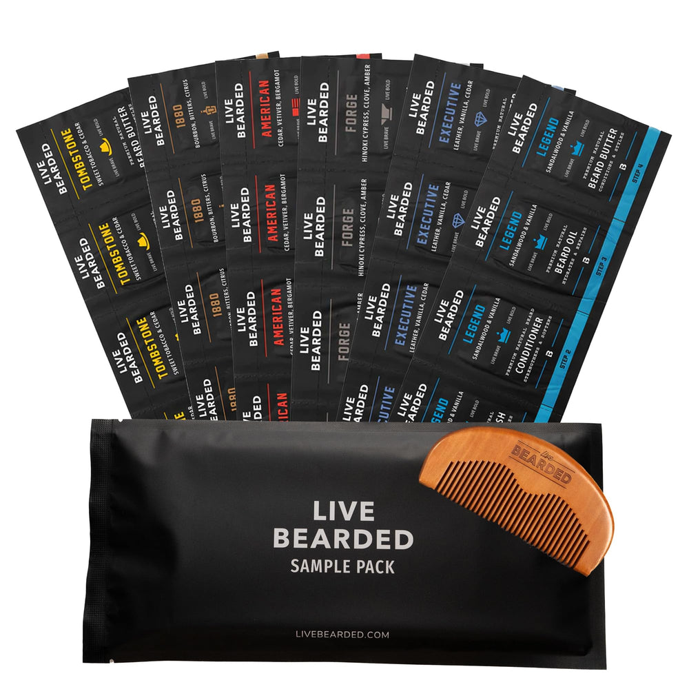 Live Bearded sample pack six scent bottles for travel-friendly beard care and varied scents.