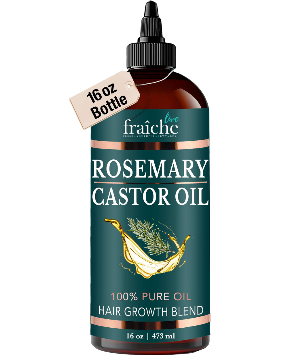 Live Fraiche rosemary-castor oil bottle pouring for a daily hair-growth routine