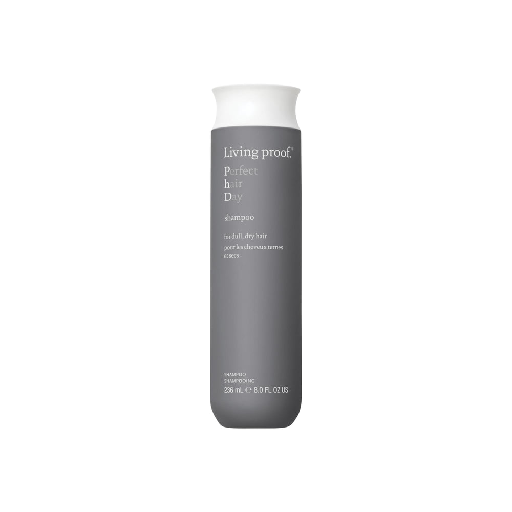 Living Proof Perfect Hair Day Shampoo bottle close-up highlighting long-lasting hydration.