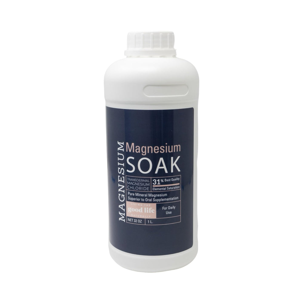 Living the Good Life Naturally magnesium soak bottle emphasizes Zechstein mineral support for skin.
