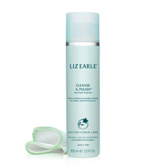 Liz Earle Cleanse & Polish bottle closeup highlighting hydrating cleansing formula for all skin types.