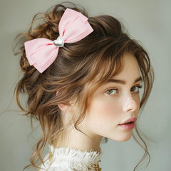 LMYMHMLM pink bow close-up showing fabric-wrapped clip prevents snagging