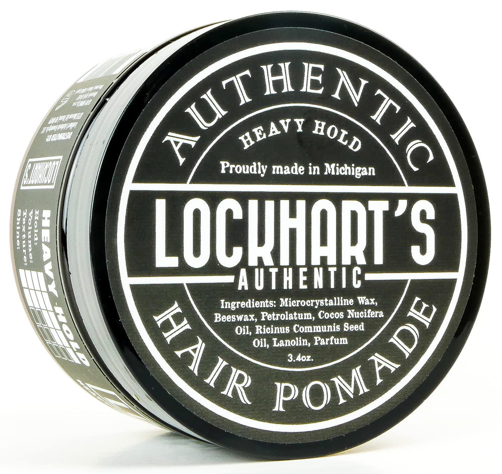 Lockhart's Heavy Hold pomade jar front for strong, long-lasting styling.