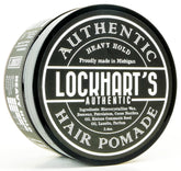 Lockhart's Heavy Hold pomade jar front for strong, long-lasting styling.
