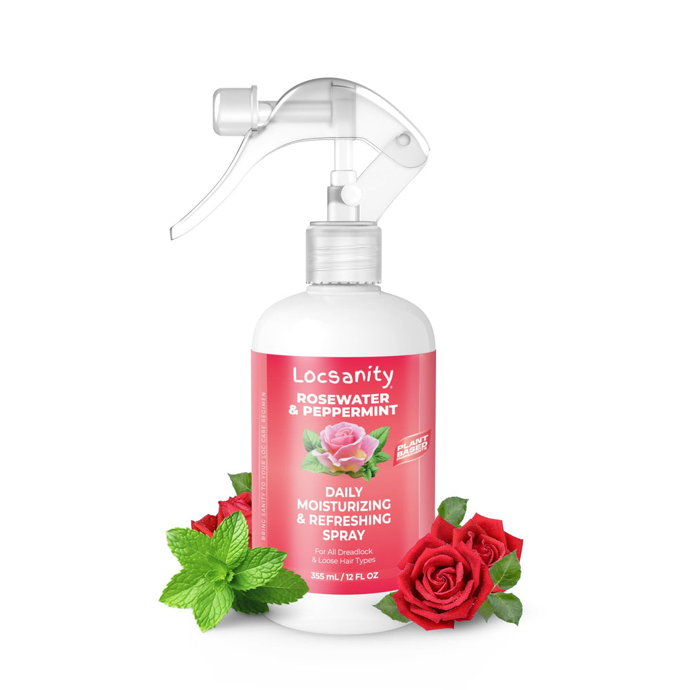 Locsanity daily moisturizing spray bottle highlights rose water hydration for healthier locs.