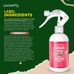 Locsanity rosewater peppermint ingredients closeup, plant-based nourishment for scalp