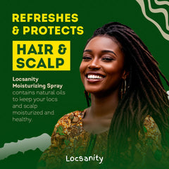 Locsanity spray on locs demonstrating daily moisture and buildup prevention.