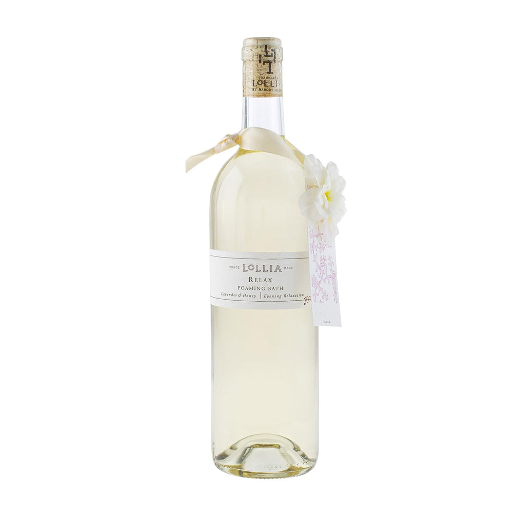 Lollia Relax Bubble Bath bottle front view with lavender-honey aroma for calming bath ritual