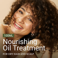 Loma Nourishing Oil Treatment pour captured to illustrate fast conditioning for frizz.